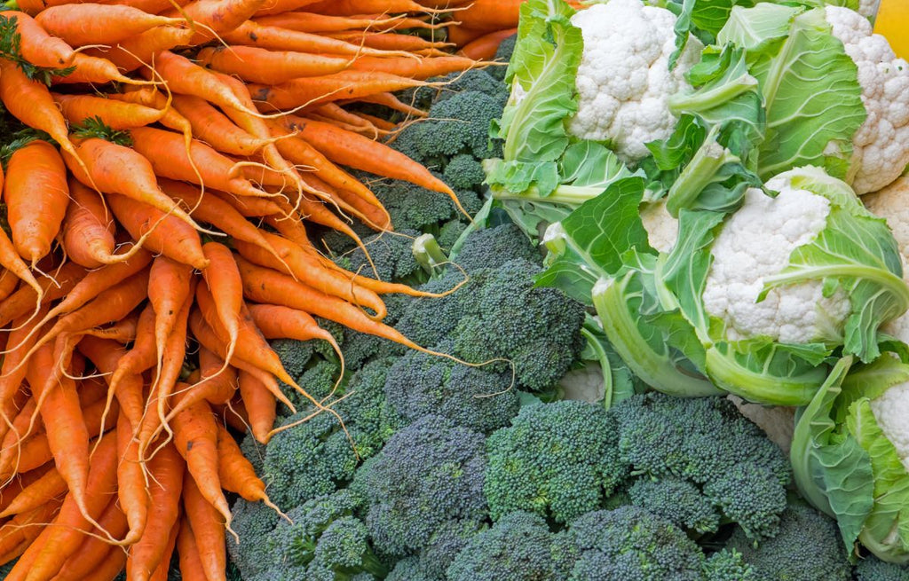 Autumn harvested carrots, broccoli and cauliflower.